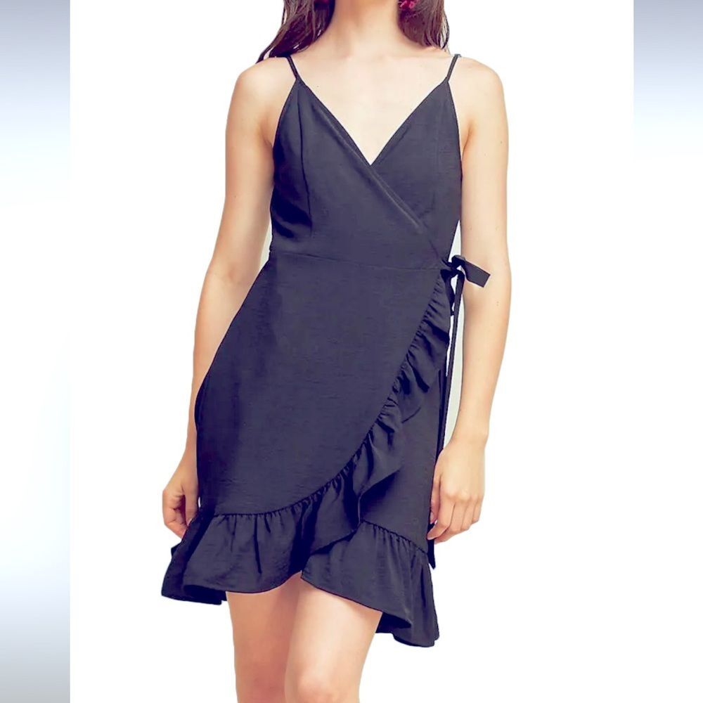 Entro Anthropologie Size L Black V Neck Sleeveless Ruffled Mini Wrap Dress NWOT